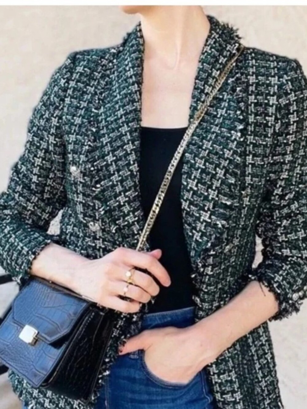 NWT Rachel Zoe Tartan Blazer Double Breast Emerald Green Black Plaid Size Small